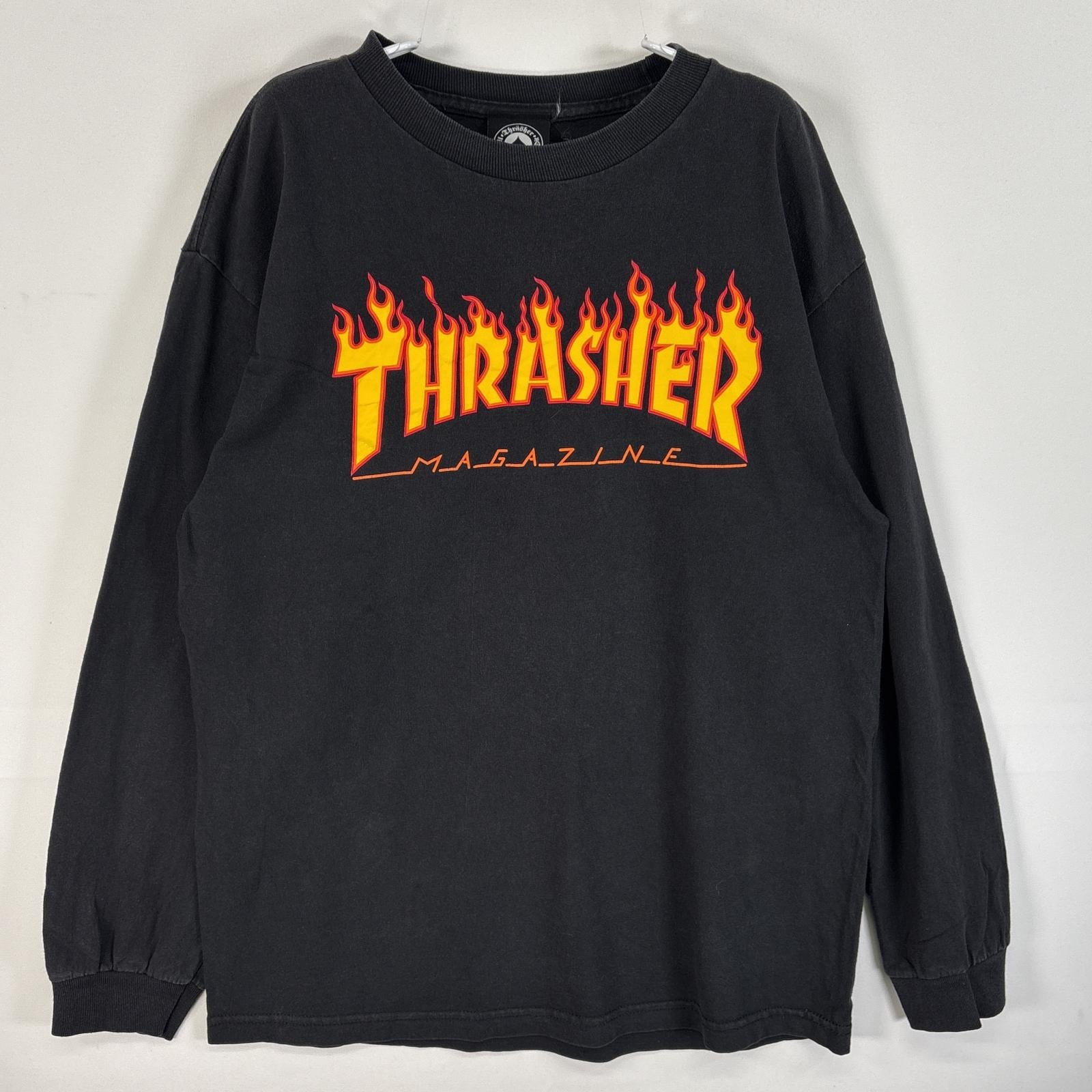 古着 スラッシャー THRASHER 長袖Tシャツ ラバープリント ロゴ ファイヤーデザイン スケボー M ブラック メンズ