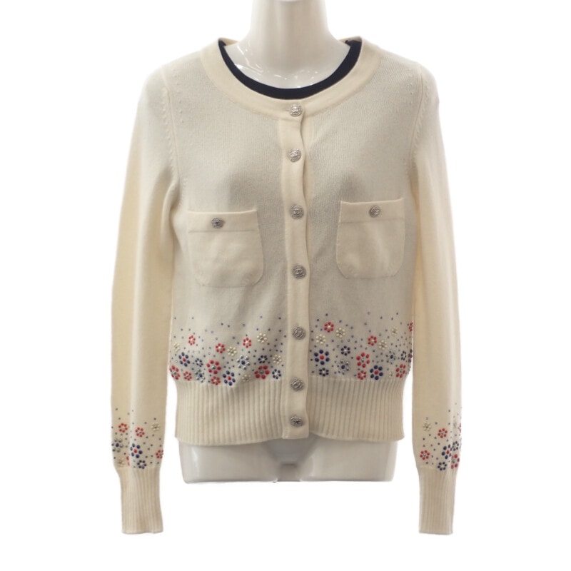 シャネル CHANEL フラワー ビーズ 34 P43016K04343_AW005 カーディガン カシミヤ ホワイト レディース【中古】【Aランク】