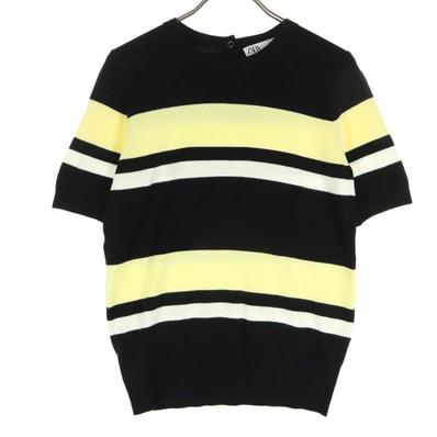 ZARA ザラ ボーダー柄 半袖 クルーネック セーター S ブラック バックボタン