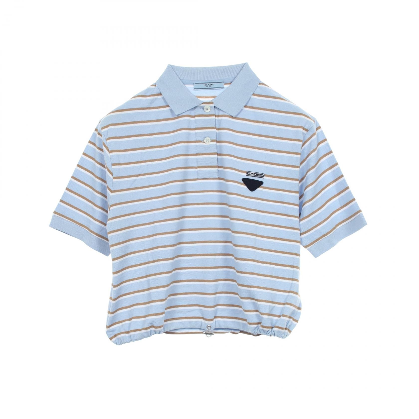 プラダ PRADA クロップド ボーダー 半袖 ポロシャツ 衣料品 トップス コットン レディース ブルー系 / グレー系 / ホワイト系 【中古】