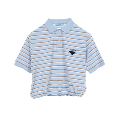 プラダ PRADA クロップド ボーダー 半袖 ポロシャツ 衣料品 トップス コットン レディース ブルー系 / グレー系 / ホワイト系 【中古】