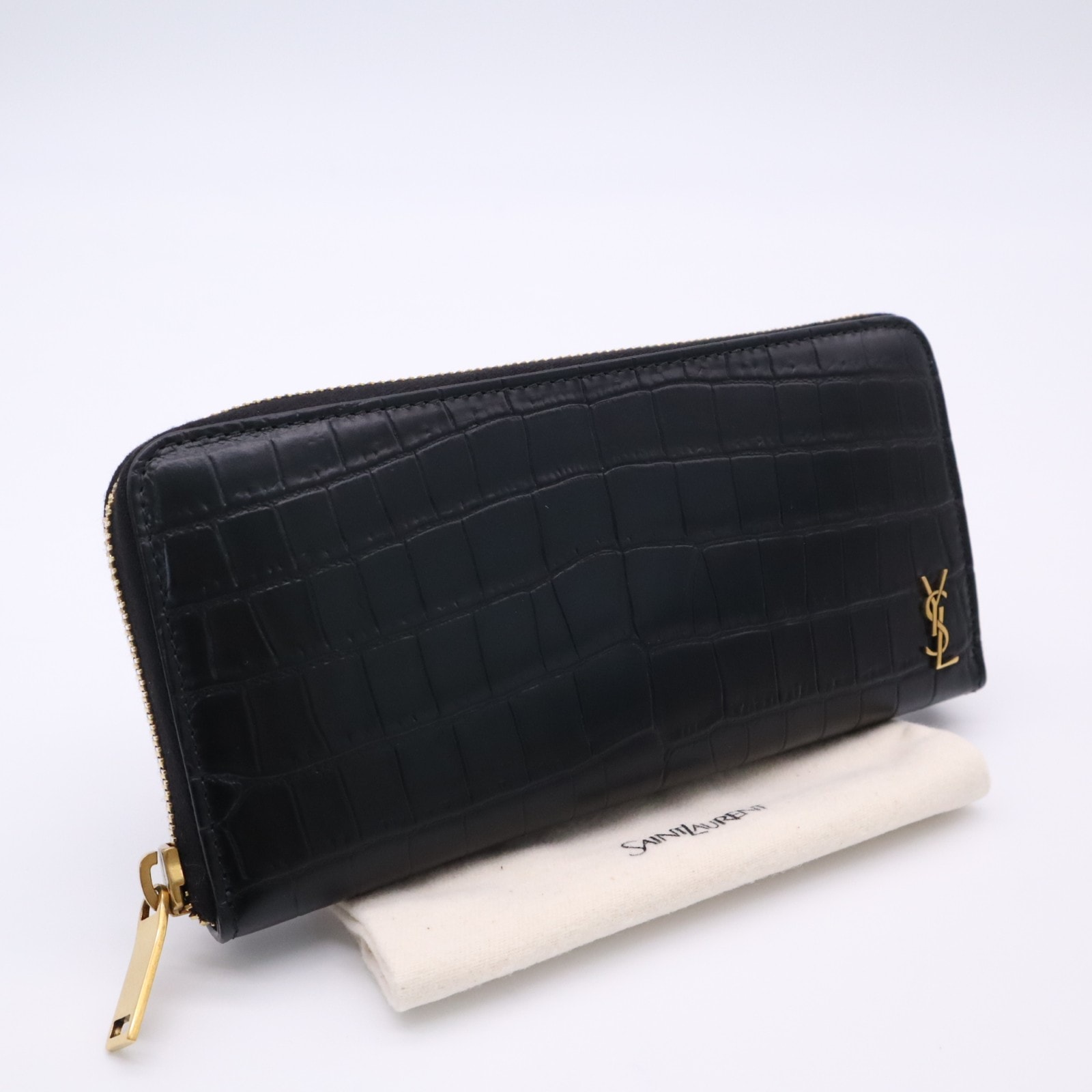 美品 SAINT LAURENT サンローラン クロコ型押しレザー ジップアラウンドウォレット タイニーカサンドラ 630201 長財布 ブラック カーフレザー メンズ