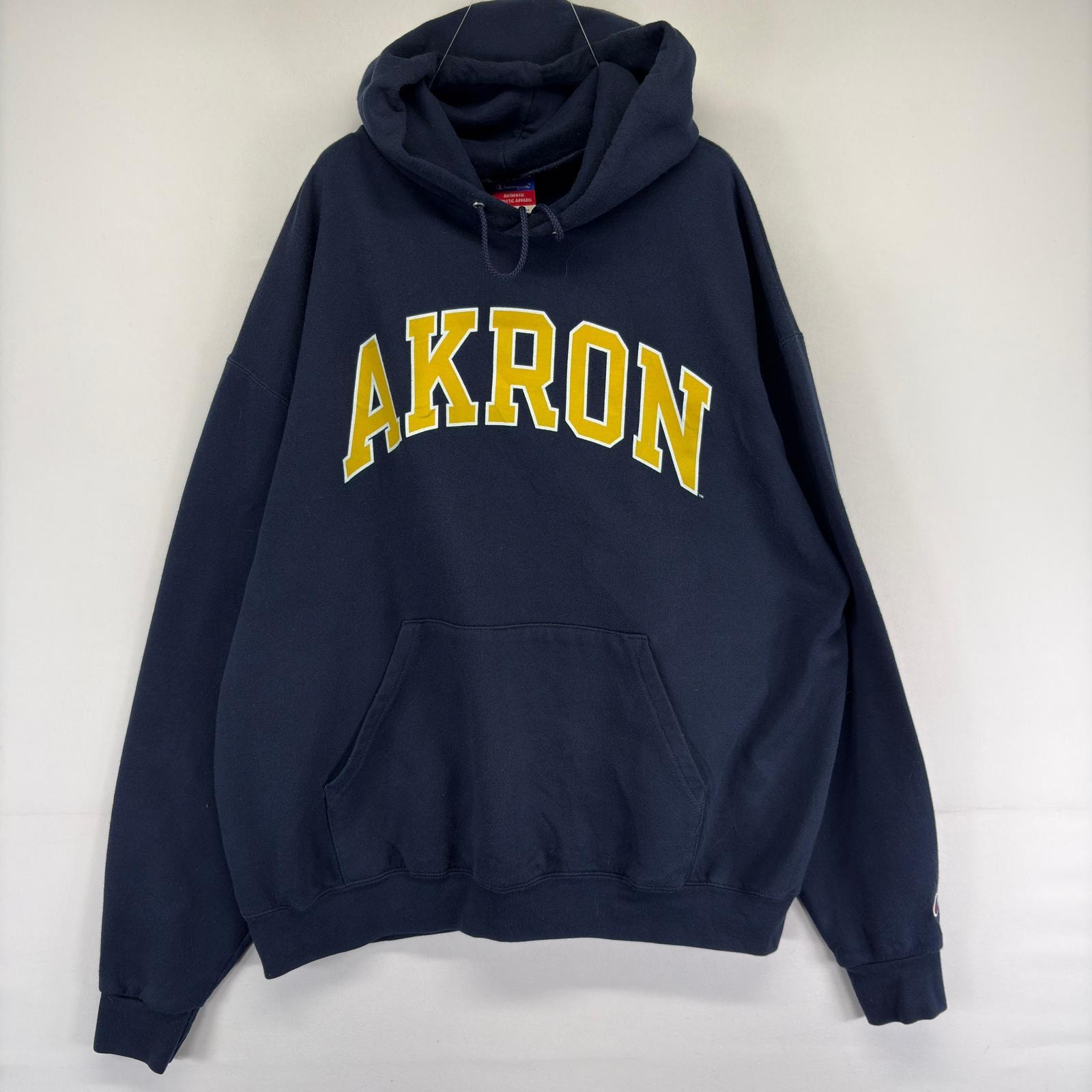 古着 チャンピオン Champion パーカー スウェット プルオーバー プリント AKRON フーディ XL  ネイビー系 メンズ
