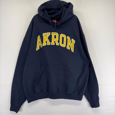 古着 チャンピオン Champion パーカー スウェット プルオーバー プリント AKRON フーディ XL ネイビー系 メンズ