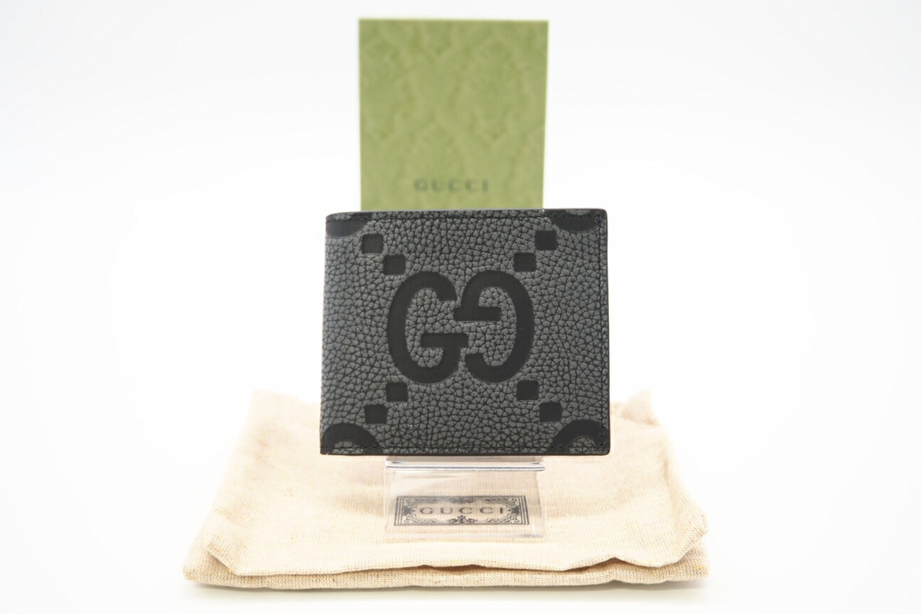極美品 GUCCI グッチ ジャンボGG レザー 二つ折りウォレット 739475 二つ折り財布 ブラック グレー レザー メンズ