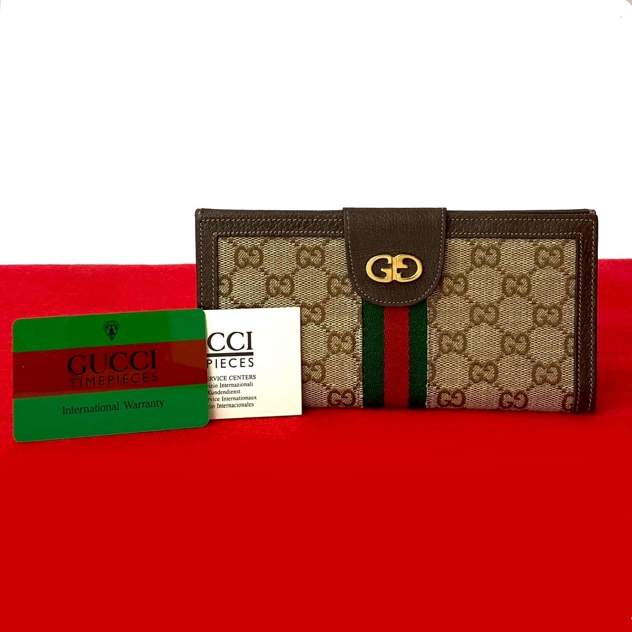 GUCCI グッチ シェリーライン GGロゴ 金具 レザー キャンバス 長財布 ブラウン
186-4