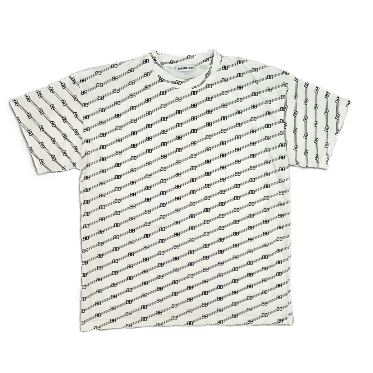 BALENCIAGA バレンシアガ 21SS BB 総柄 ロゴプリント Tシャツ カットソー ホワイト L 半袖Tシャツ 612965 L コットン  メンズ【中古】