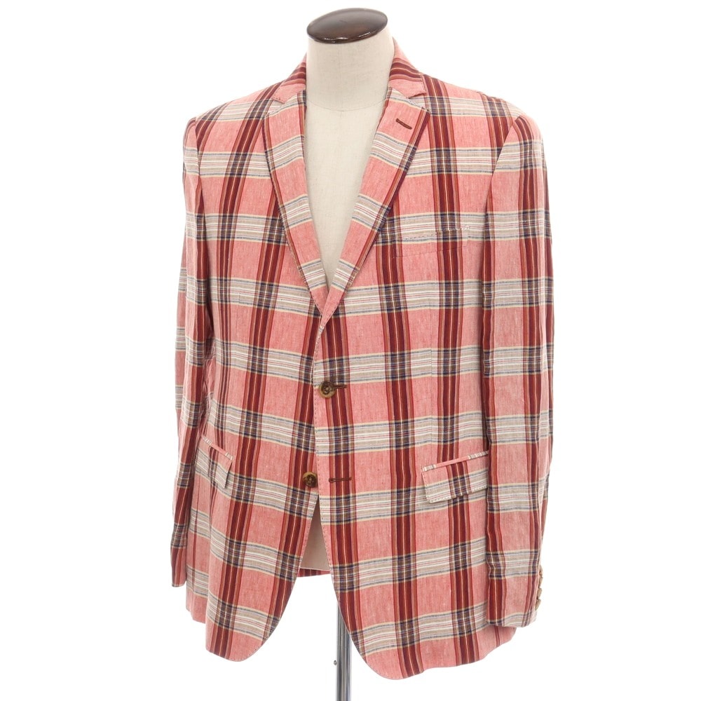 【中古】エトロ ETRO リネン チェック 2B カジュアルジャケット レッドxホワイト【サイズ52】【メンズ】