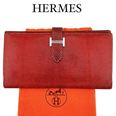 高級 エルメス リザード ベアン 長財布 □F レッド レディース メンズ