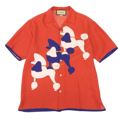 グッチ シルクツイル ドッグプリント オープンカラーシャツ トップス メンズ レッド 44 740306 ZAMY0 44