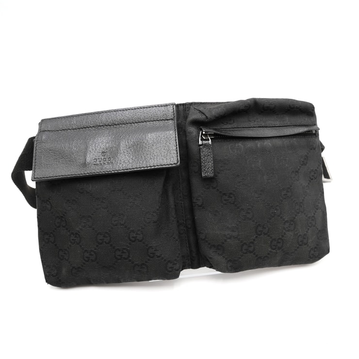 GUCCI(グッチ)GGキャンバス ヴィンテージ ウエストバッグ ボディバッグ ブラック 黒 レザー シルバー金具 ダブルポケット ベルトバッグ メンズ レディース ユニセックス 28566【中古】