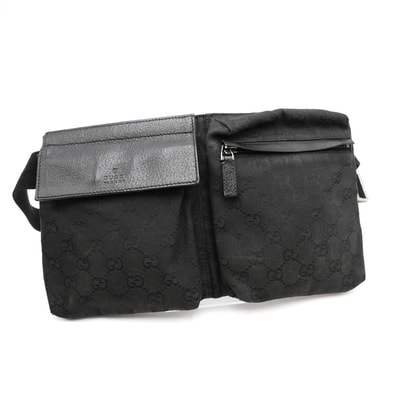 GUCCI(グッチ)GGキャンバス ヴィンテージ ウエストバッグ ボディバッグ ブラック 黒 レザー シルバー金具 ダブルポケット ベルトバッグ メンズ レディース ユニセックス 28566【中古】