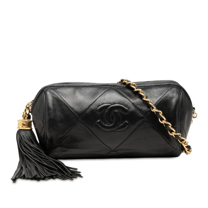 シャネル ココマーク マトラッセ タッセル チェーン ショルダーバッグ ブラック ゴールド ラムスキン レディース CHANEL 中古