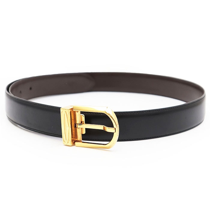 美品 カルティエ レザー ゴールドバックル ベルト メンズ ブラック ゴールド サイズ不明 CARTIER