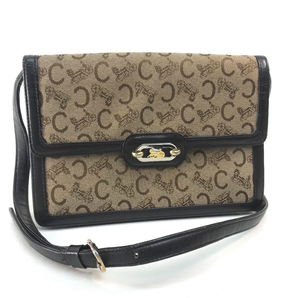 セリーヌ CELINE ヴィンテージ 馬車金具 ロゴ カバン オールド ショルダーバッグ キャンバス/レザー ベージュ×ダークブラウン