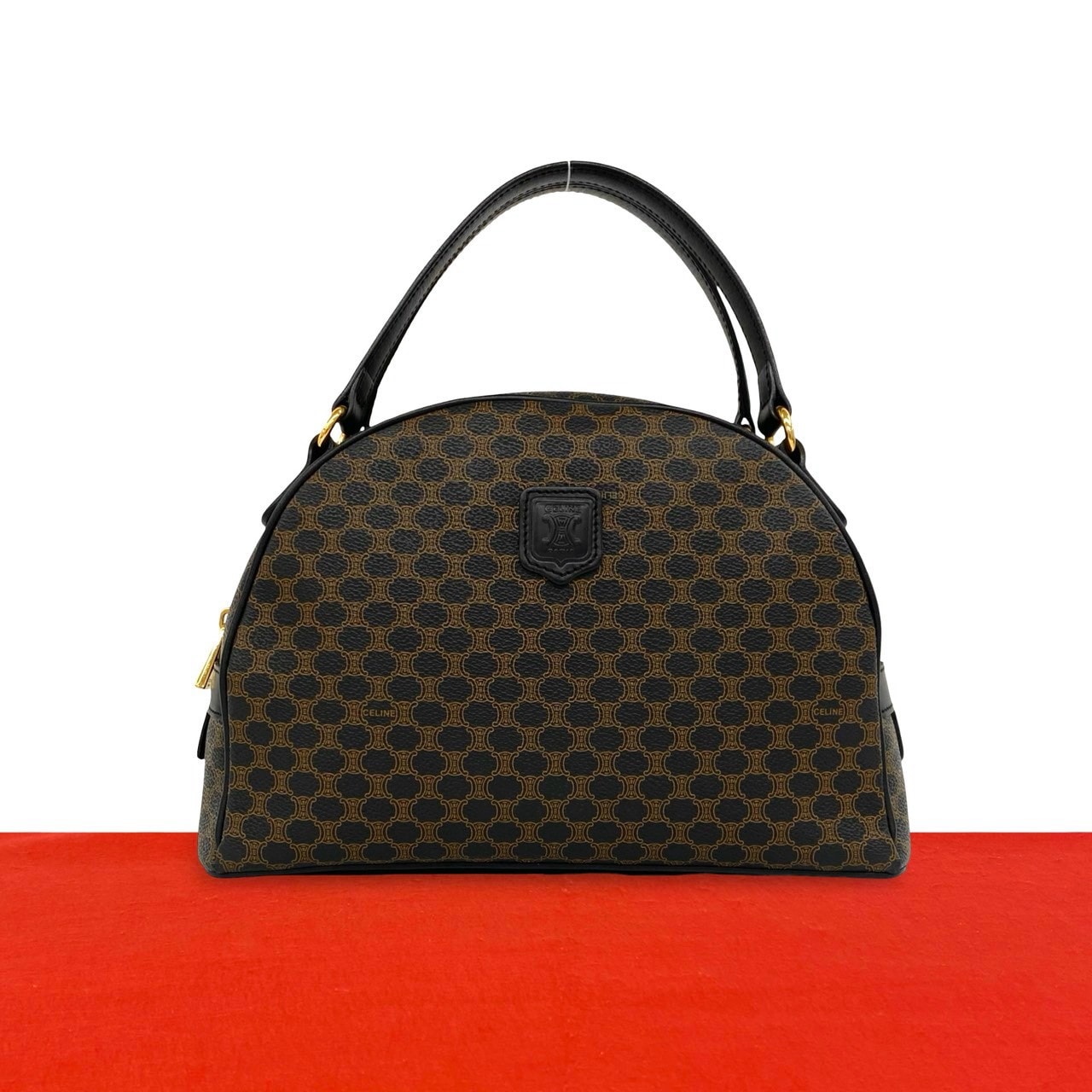 CELINE セリーヌ マカダム ブラゾン 柄 PVC レザー ハンドバッグ ブラック
 d51-6