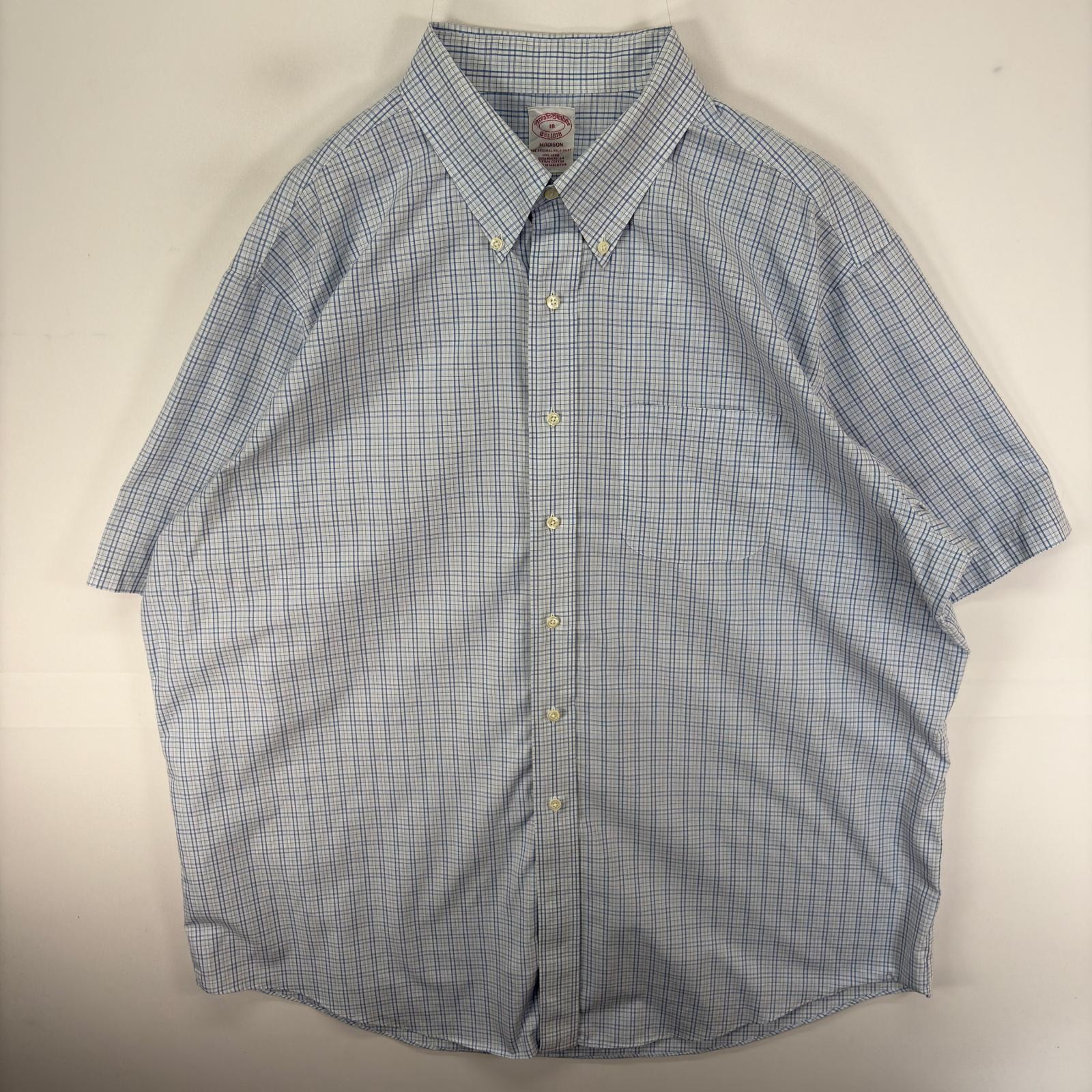 古着 ブルックスブラザーズ Brooks Brothers 半袖シャツ 胸ポケット MADISON ボタンダウン 大きいサイズ 2XL  水色系 チェック メンズ