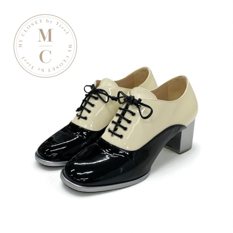 シャネル CHANEL ローファー 革靴 靴 シューズ パテント レザー ブラック アイボリー シルバー ココマーク レースアップシューズ