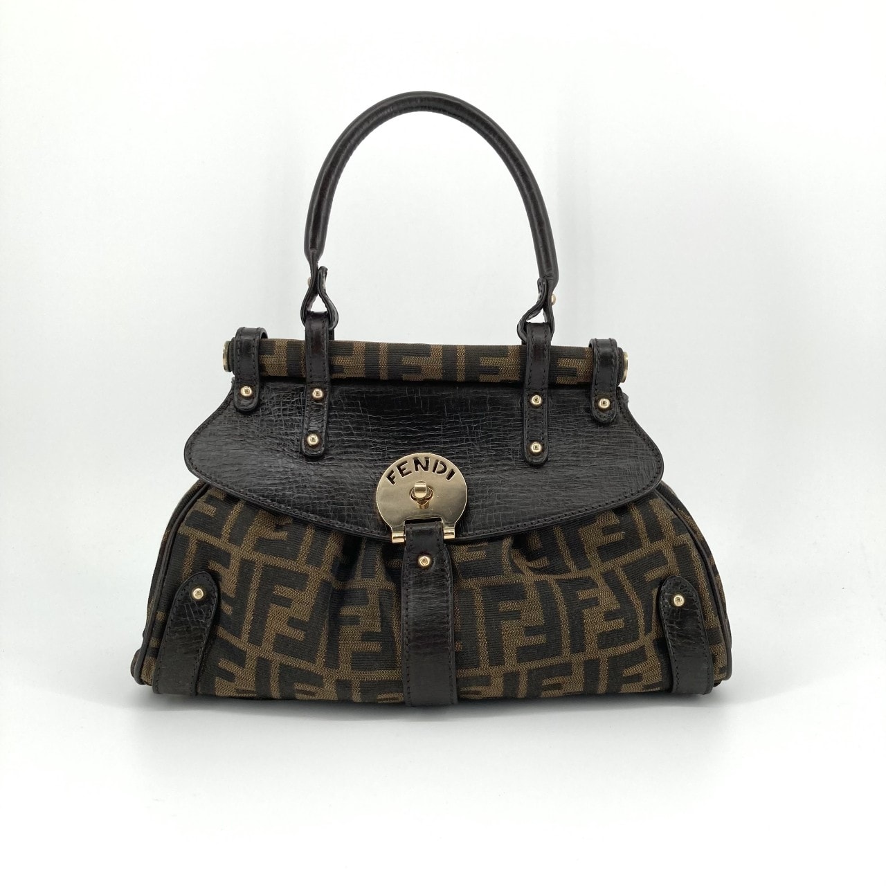FENDI(フェンディ) ボルサ マジック FFズッカ柄 キャンバス×レザー ゴールド留め具 ターンロック ヴィンテージ 8BN143 ハンドバッグ ブラウン