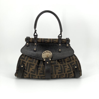 FENDI(フェンディ) ボルサ マジック FFズッカ柄 キャンバス×レザー ゴールド留め具 ターンロック ヴィンテージ 8BN143 ハンドバッグ ブラウン