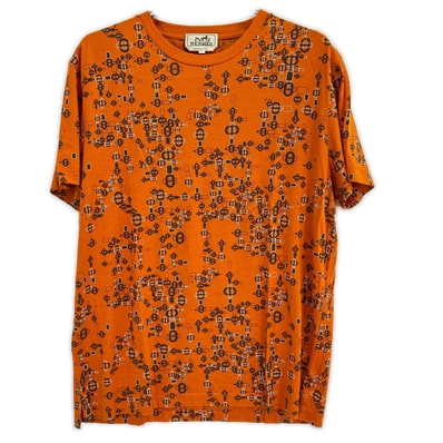 エルメス オレンジ シェーヌダンクル柄 コットン Tシャツ XL