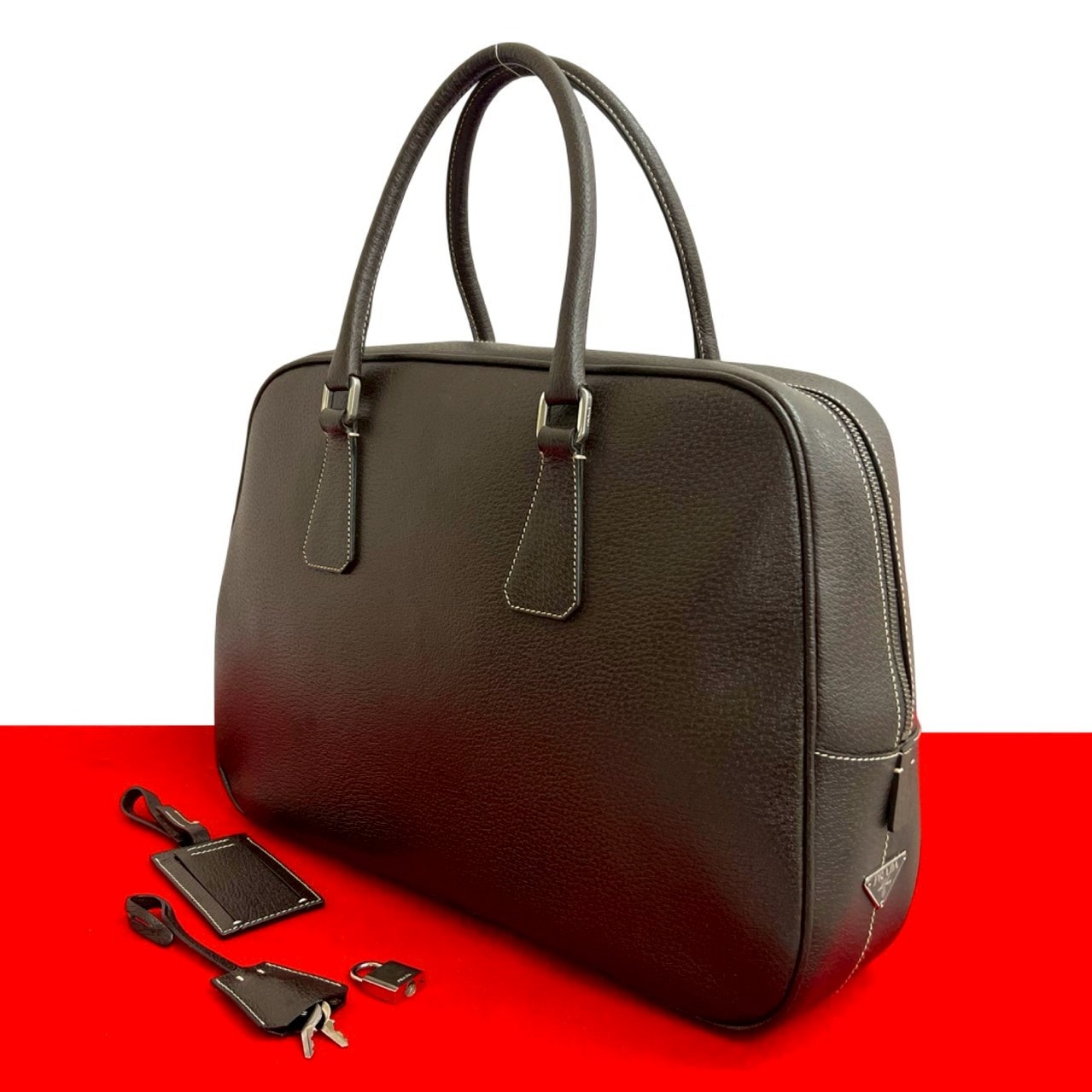 PRADA プラダ 三角ロゴ 金具 レザー ハンドバッグ ブラウン
 06075