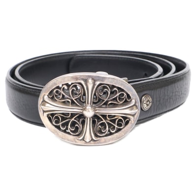 Chrome Hearts Classic Oval Cross Buckle Plane Black Leather 1.5 Horseshoe Rivet Belt Set "Black"