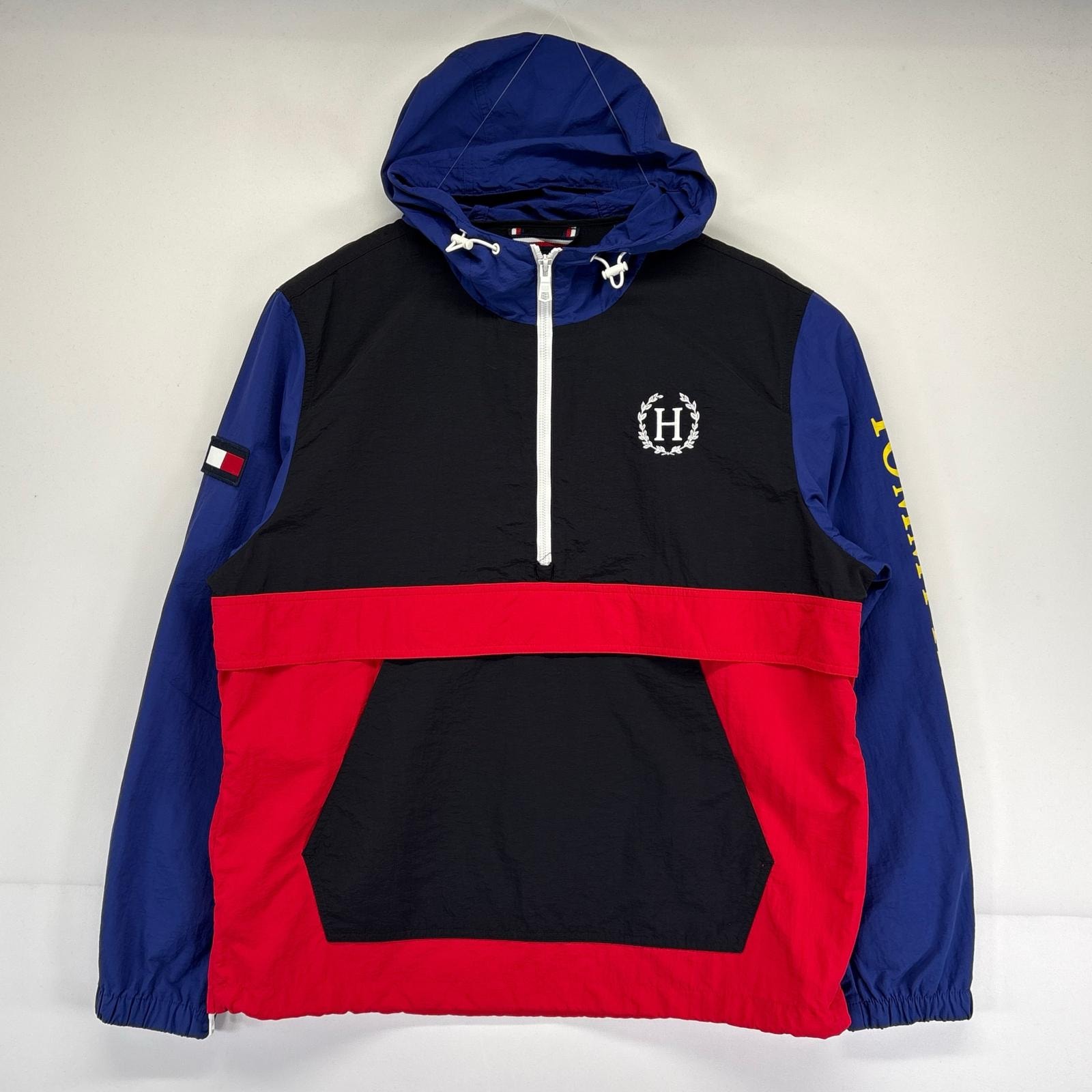 古着 トミーヒルフィガー TOMMY HILFIGER ナイロンジャケット アノラック ハーフジップ プルオーバー ロゴプリント ワッペン L マルチカラー メンズ