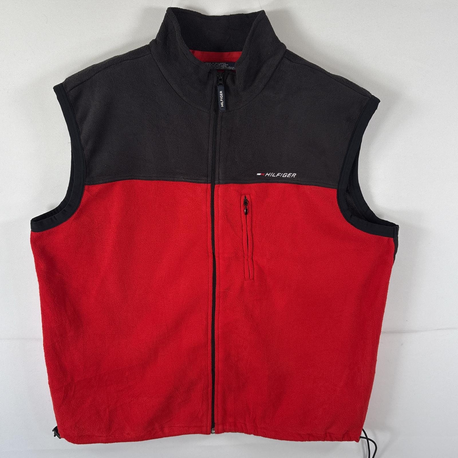 古着 トミーヒルフィガー TOMMY HILFIGER フリースベスト ツートンカラー ワンポイントロゴ フルジップ 大きいサイズ XL  レッド メンズ