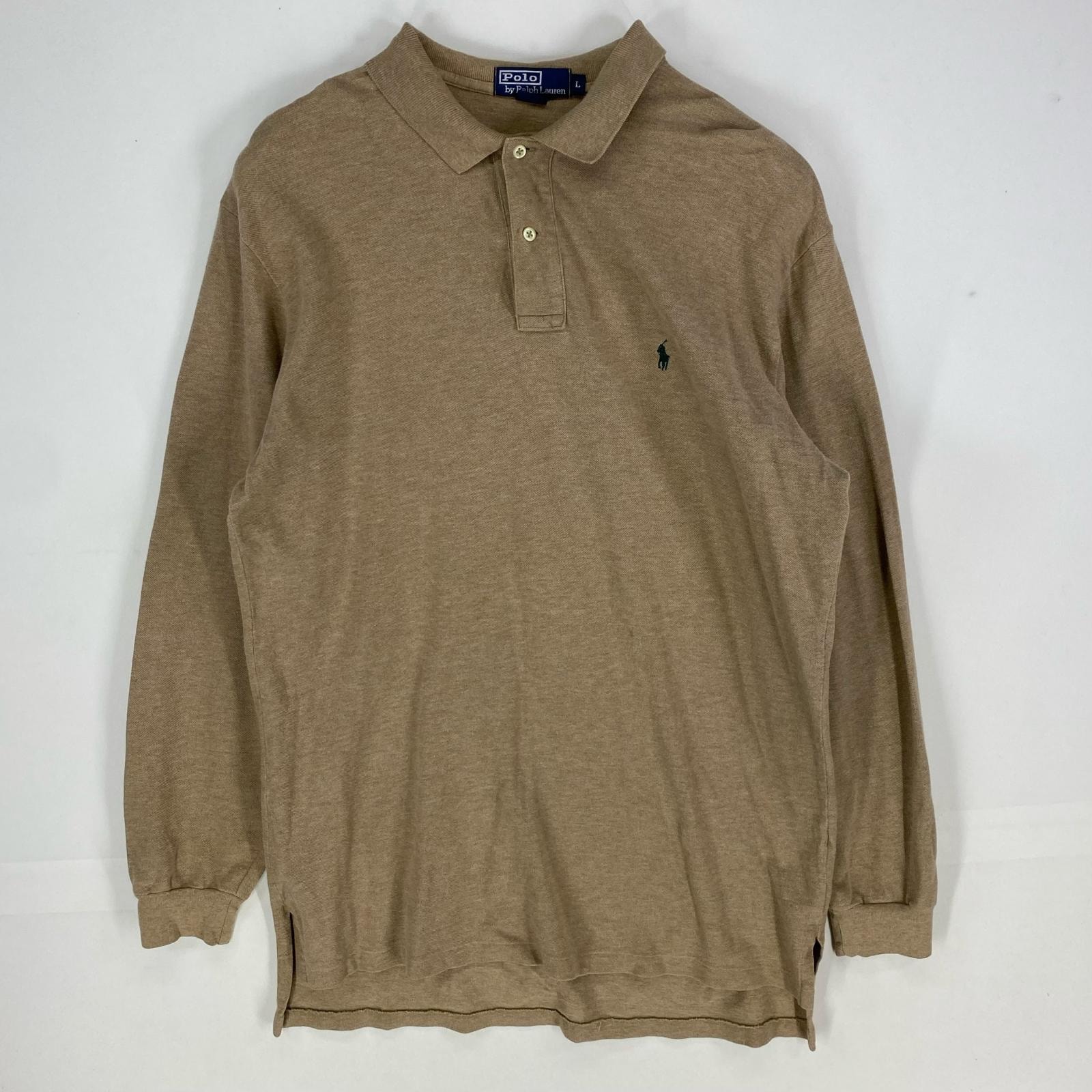 古着 ポロバイラルフローレン Polo by Ralph Lauren 鹿の子 長袖シャツ 刺繍ロゴ ワンポイント ポロシャツ L  ベージュ系 メンズ