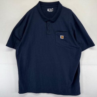 古着 カーハート Carhartt 半袖シャツ ポロシャツ ワーク 大きいサイズ 鹿の子 ワンポイントロゴ 胸ポケット 2XL ネイビー系 メンズ
