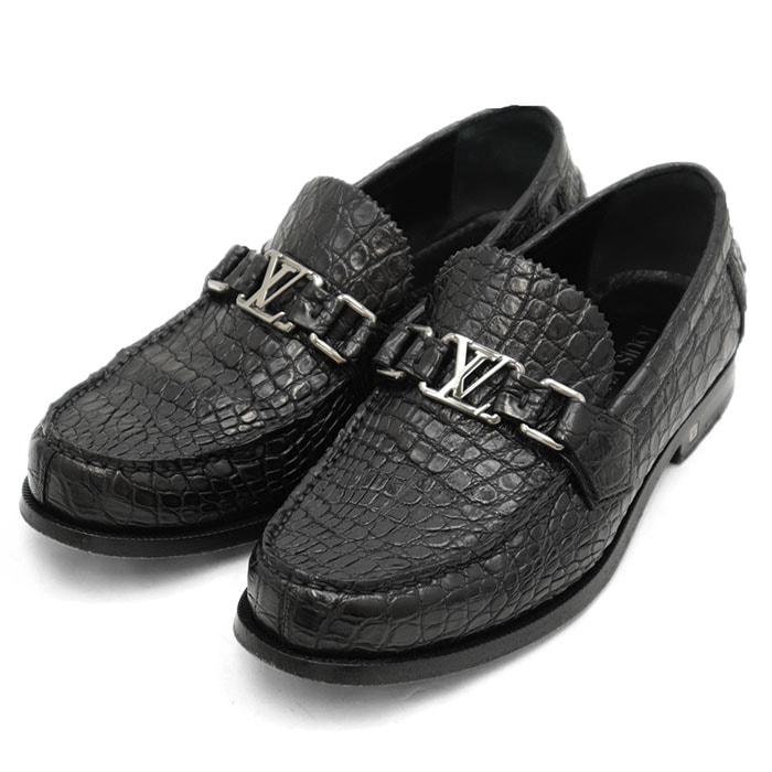 【美品】LOUIS VUITTON ルイ・ヴィトン ホッケンハイムモカシンローファー クロコダイル サイズ 5 レディース 2018年製 LV ロゴ シューズ 靴 ブラック 黒 イタリア製