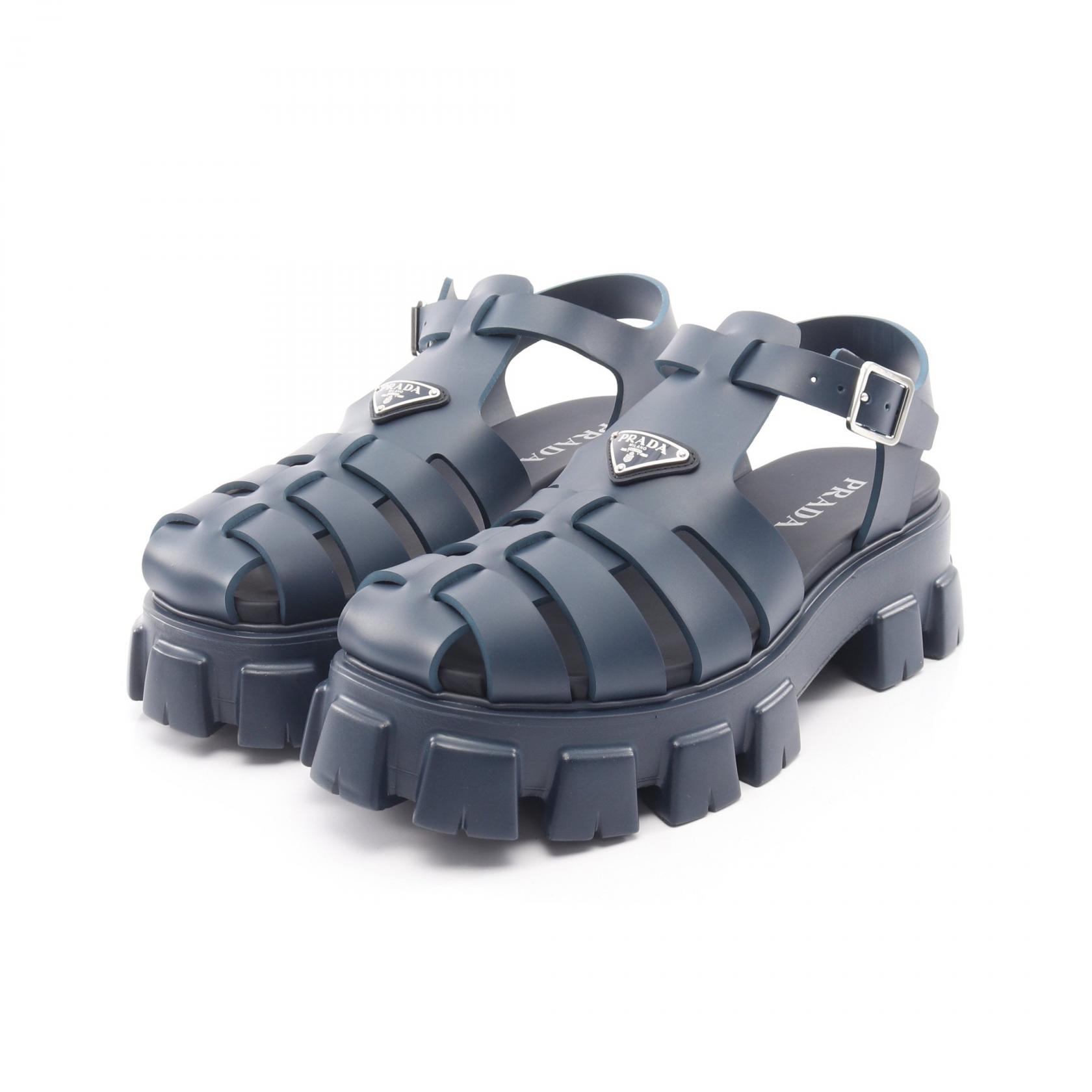 プラダ PRADA モノリス 三角プレート サンダル 靴 ラバー メンズ ネイビー系 【中古】