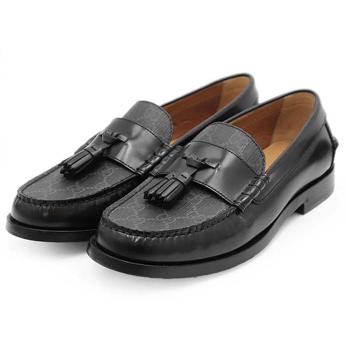 【未使用】GUCCI グッチ タッセルローファー GGスプリーム モノグラム コンビネーション レザーソール ブーツ シューズ 靴 箱・袋付属 メンズ サイズ 6 1/2 ブラック チャコール 黒 イタリア製 673817