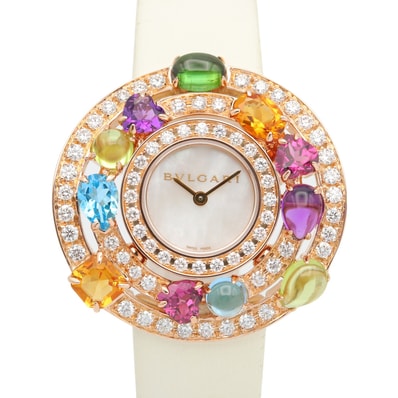 ブルガリ BVLGARI アストラーレ チェルキ ダイヤ&カラーストーン 腕時計 時計 K18PG(ピンクゴールド) ダイヤモンド レザーベルト レディース ホワイト系 ホワイトシェル AEP36G 【中古】