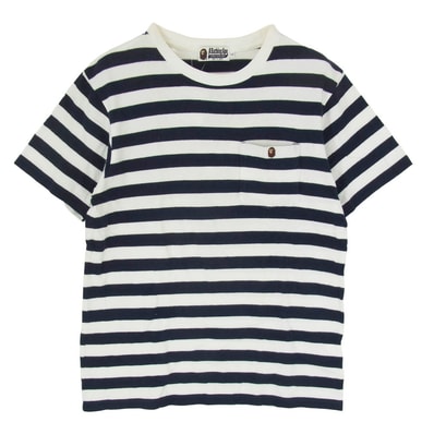 A BATHING APE アベイシングエイプ Tシャツ ボーダー ワッペン ポケット 半袖 Tシャツ ネイビー系 L【中古】