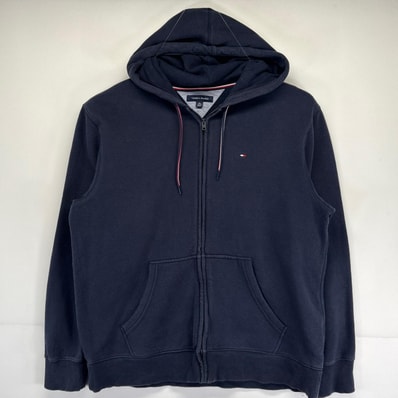 古着 トミーヒルフィガー TOMMY HILFIGER パーカー 大きいサイズ フルジップ ワンポイントロゴ刺繍 トレーナー XL ネイビー メンズ