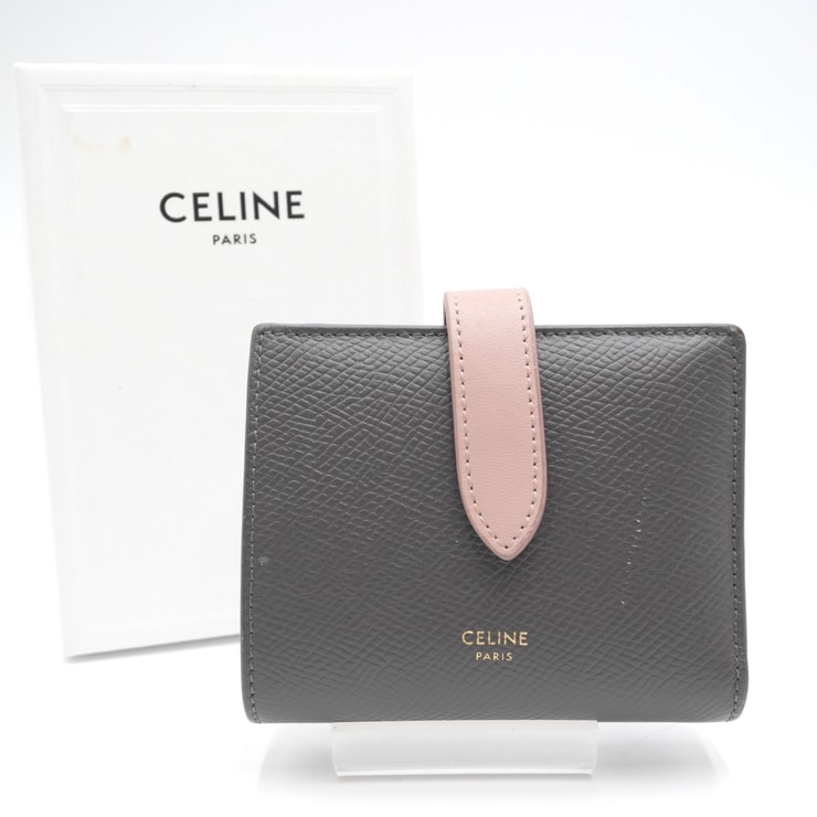 CELINE(セリーヌ)スモール ストラップウォレット 二つ折り財布 グレー ピンク レザー ゴールド金具 レディース【中古】