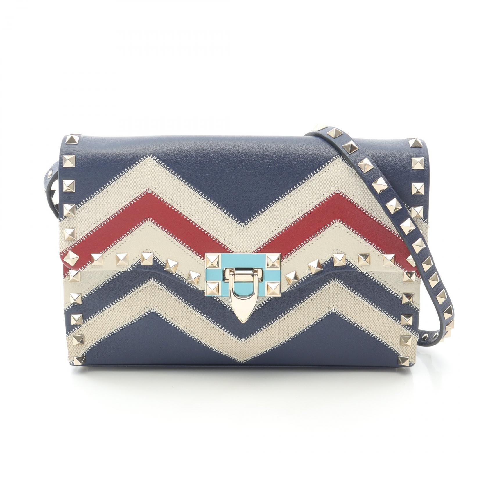 ヴァレンチノ Valentino ショルダーバッグ バッグ レザー キャンバス レディース ネイビー系 / ホワイト系 / レッド系 【中古】