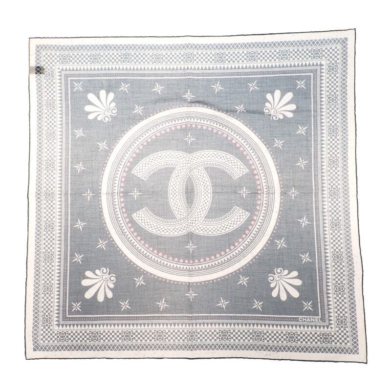 シャネル CHANEL ココマーク スカーフ コットン ネイビー ピンク レディース【中古】【Aランク】