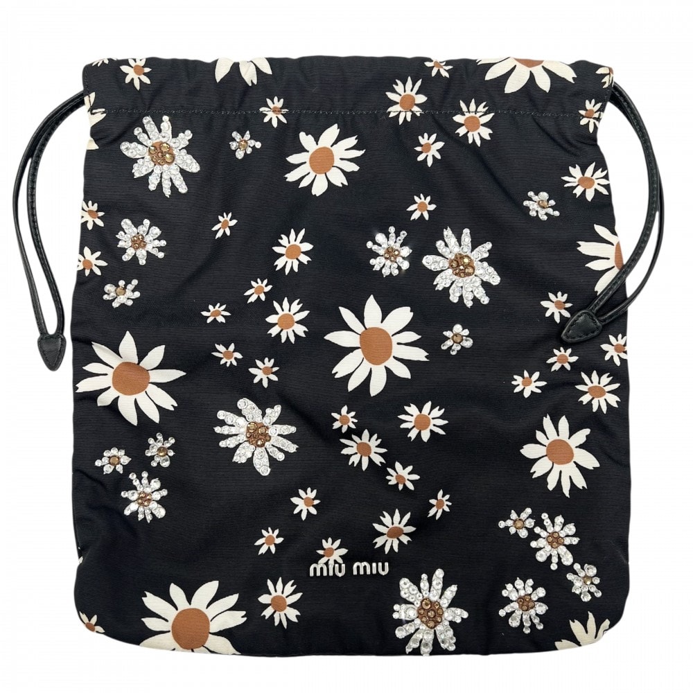 MIUMIU ミュウミュウ ポーチ デイジー フラワー 巾着 ナイロン ラインストーン ブラック 黒 ホワイト 白 レディース【中古品】