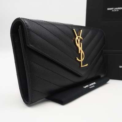 美品 SAINT LAURENT サンローラン カサンドラ マトラッセ ラージ フラップウォレット 372264 長財布 ブラック カーフレザー レディース