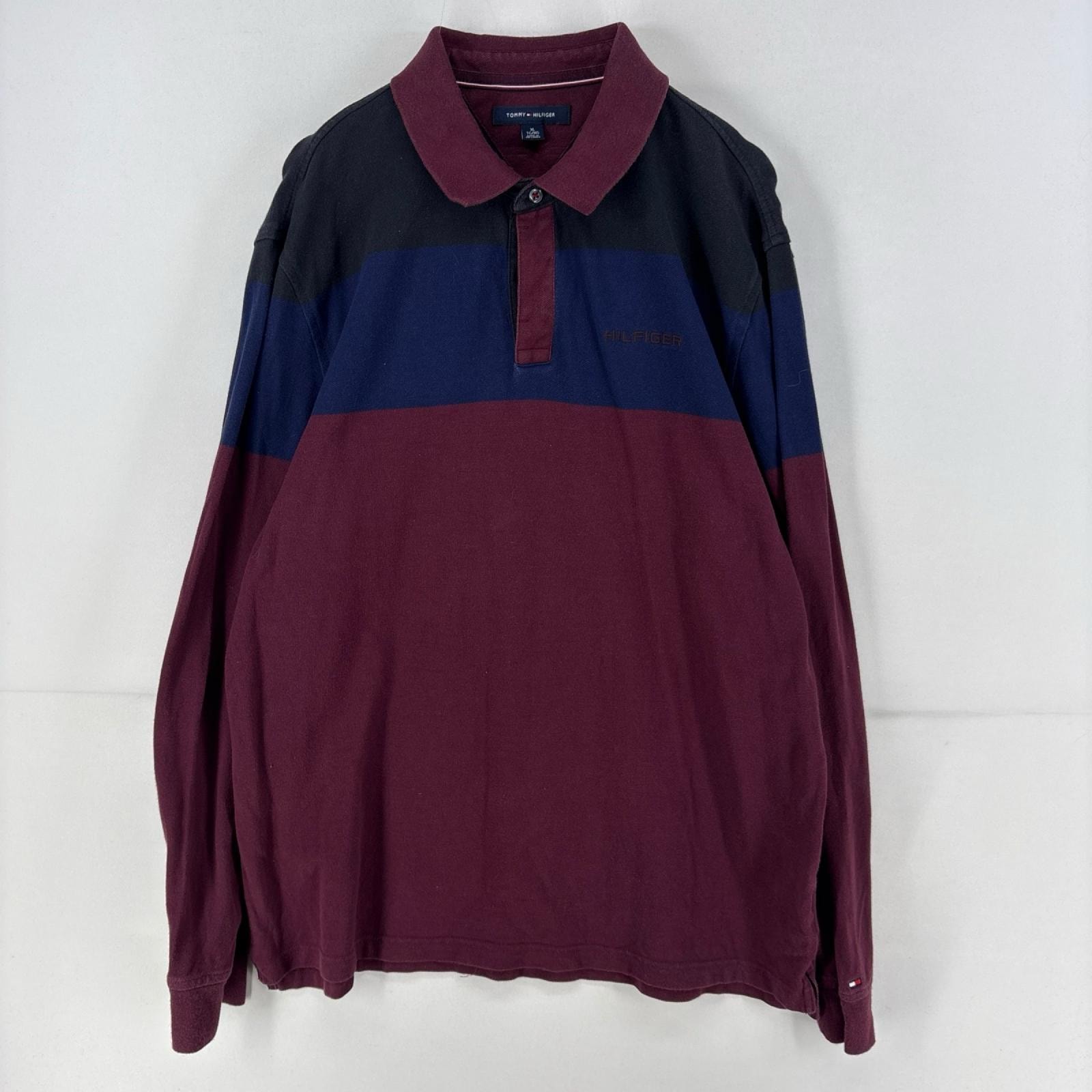 古着 トミーヒルフィガー TOMMY HILFIGER 長袖シャツ  刺繍 大きいサイズ ワンポイント ロゴ 鹿の子 マルチカラー XL  レッド系 メンズ