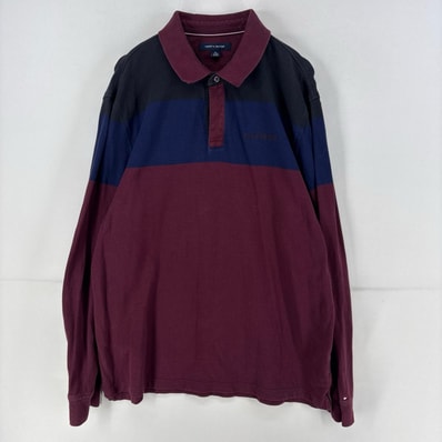 古着 トミーヒルフィガー TOMMY HILFIGER 長袖シャツ 刺繍 大きいサイズ ワンポイント ロゴ 鹿の子 マルチカラー XL レッド系 メンズ