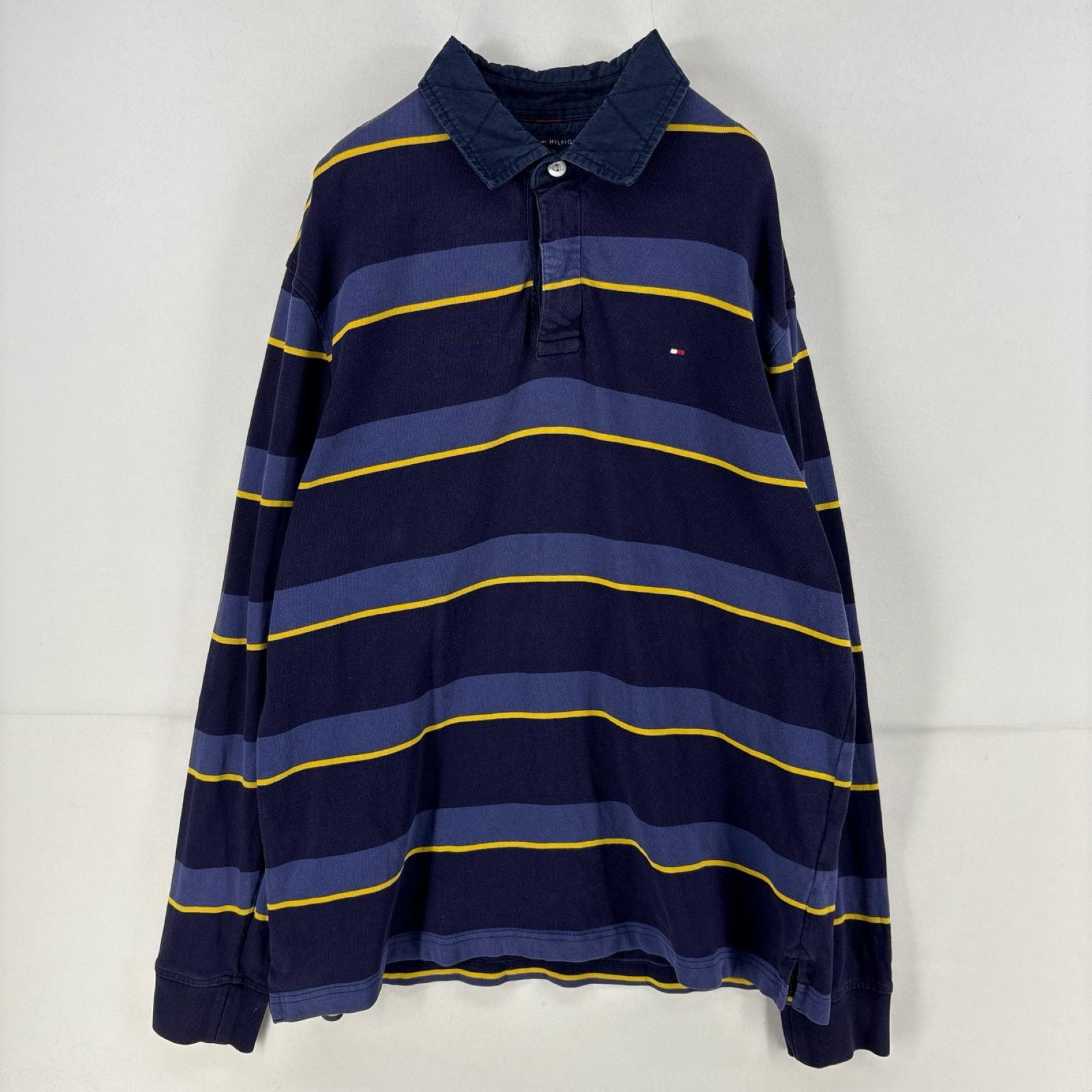 古着 トミーヒルフィガー TOMMY HILFIGER 長袖シャツ ワンポイント ロゴ 刺繍 ラガーシャツ ラグビーシャツ L  ネイビー ボーダー メンズ