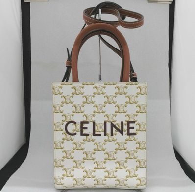 CELINE Mini Vertical Cabas In Triomphe Canvas and Calfskin With Celine Print "White"