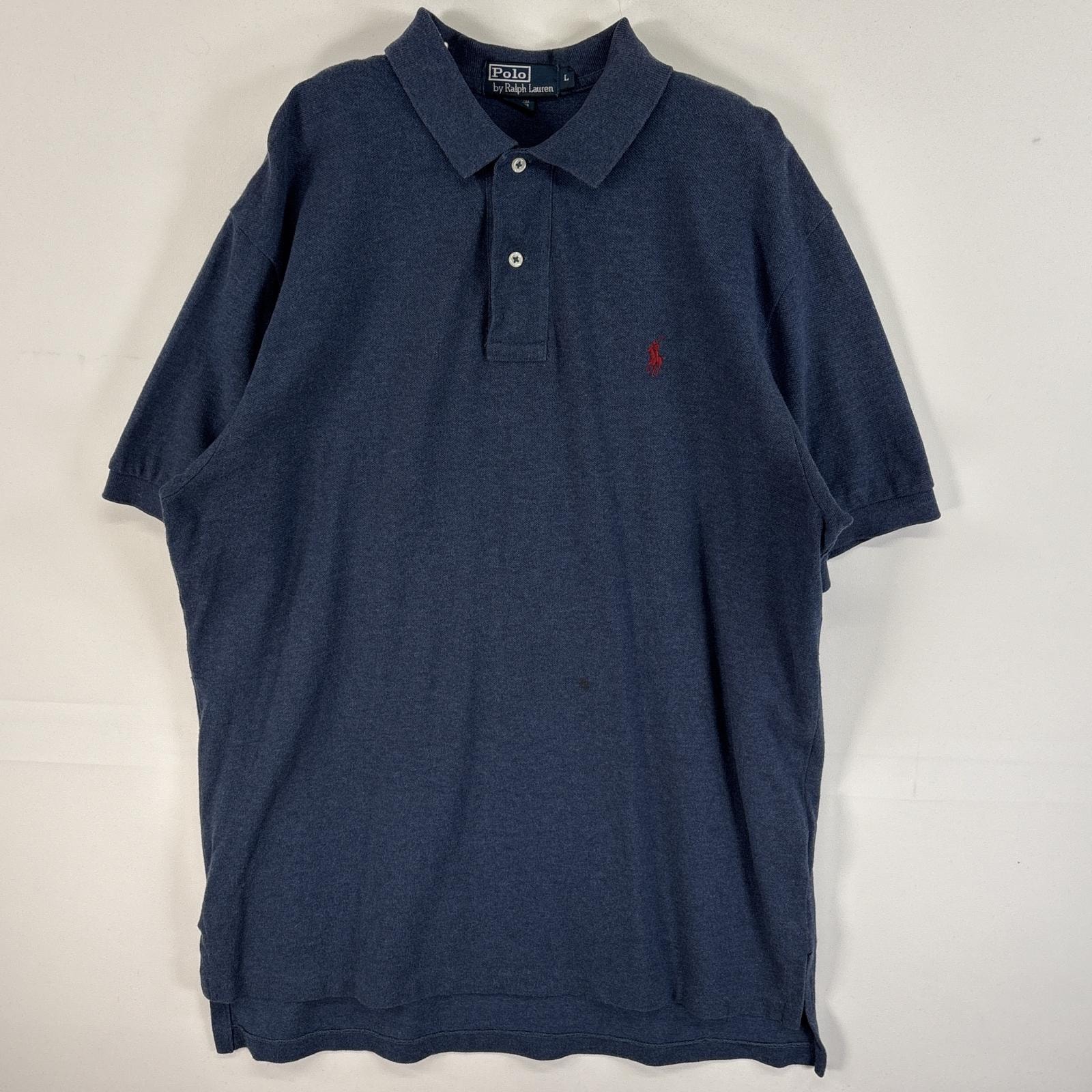 古着 90's/90年代 ポロバイラルフローレン Polo by Ralph Lauren 鹿の子 半袖 ポロシャツ ロゴ 刺繍 2ボタン L  ネイビー 無地 メンズ