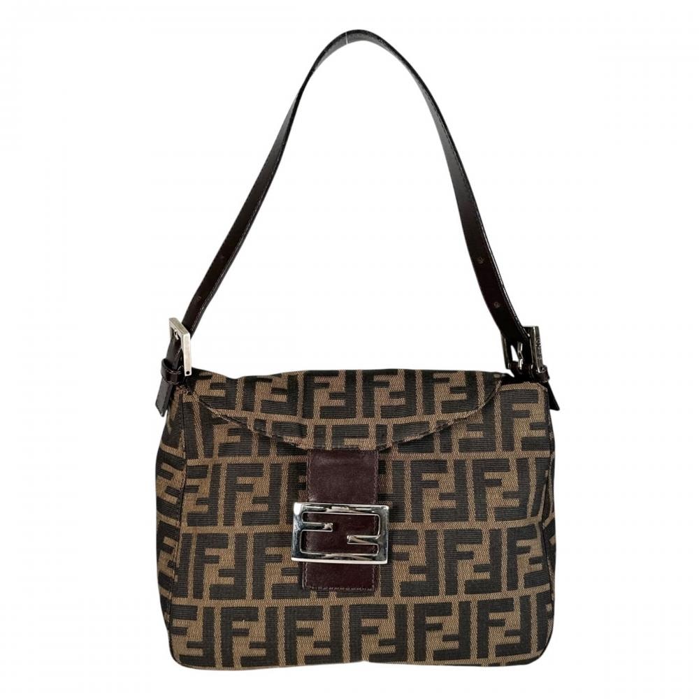 FENDI フェンディ ショルダーバッグ ズッカ マンマバケット 肩掛け 264260 キャンバス レザー ブラウン 茶 ブラック 黒 シルバー金具 レディース【中古品】