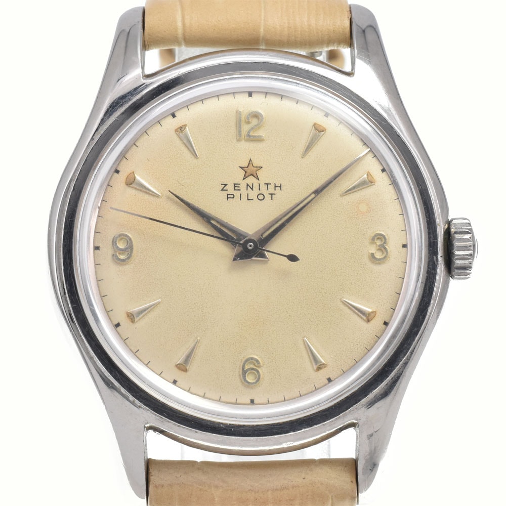 ゼニス ZENITH ヴィンテージ パイロット SS/レザー ホワイト 自動巻き メンズ 良品 腕時計 Y#146321