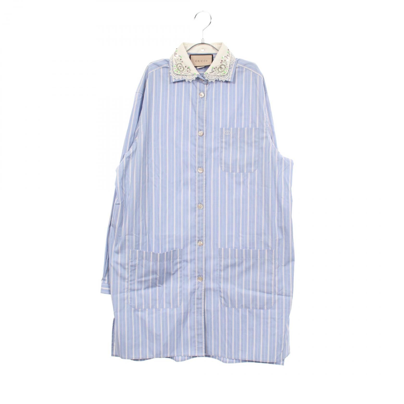 グッチ GUCCI ストライプ ビジュー付き ワンピース 衣料品 トップス コットン レディース ブルー系 / ホワイト系 【中古】